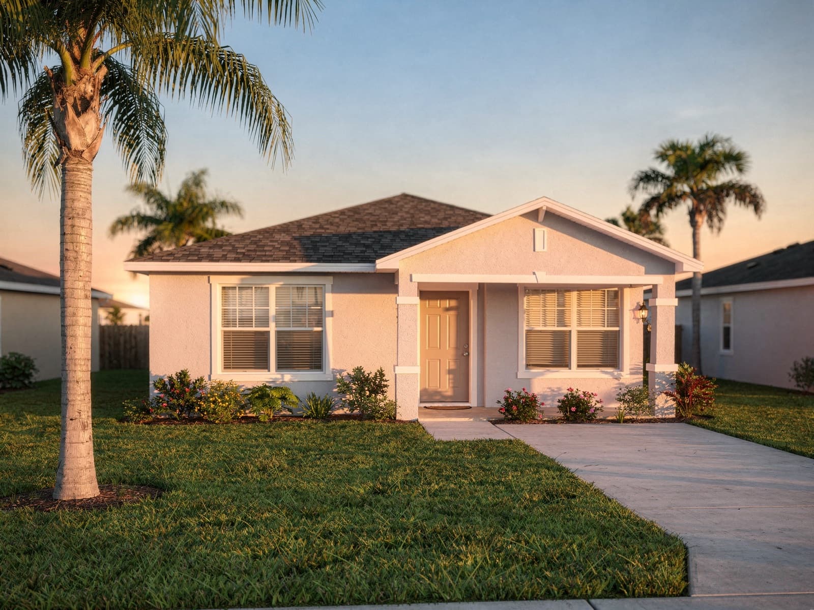 A modest single-family starter home in Central Florida at golden hour