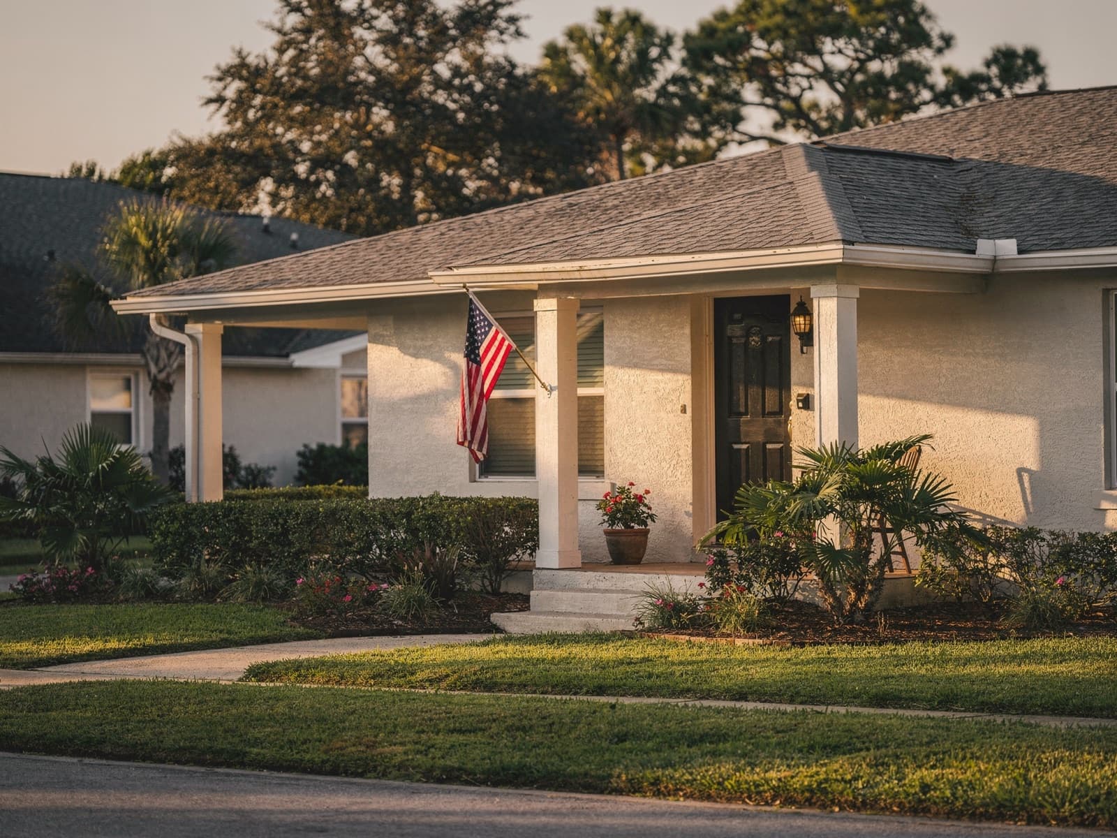 A welcoming single-story Central Florida home with a front porch and small flag